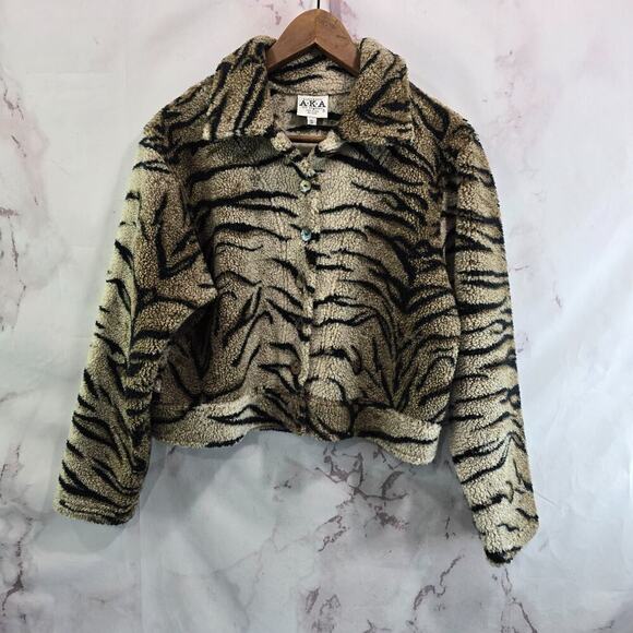 Vintage Y2K Jacket Womens Small Tan Zebra Sherpa Teddy Fuzzy Crop Coat Mob 90s - Picture 10 of 11
